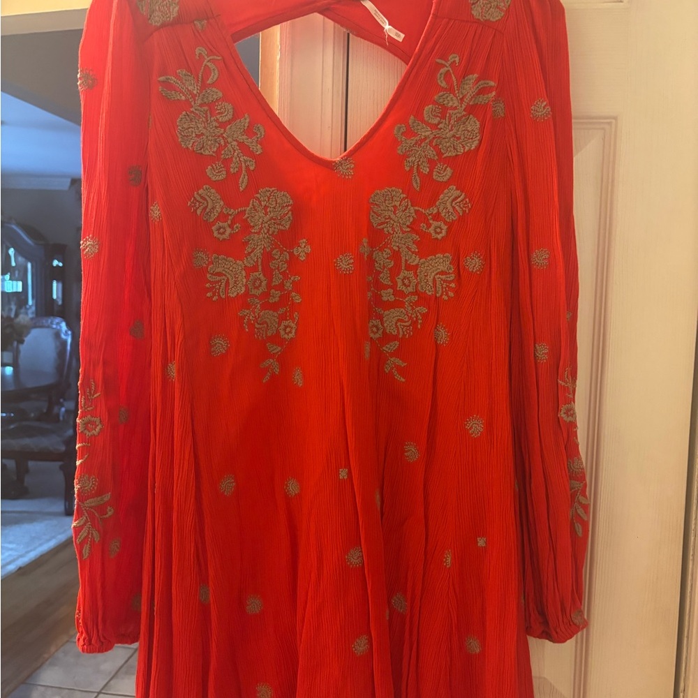Free People Red Mini Dress with Green Embroidery